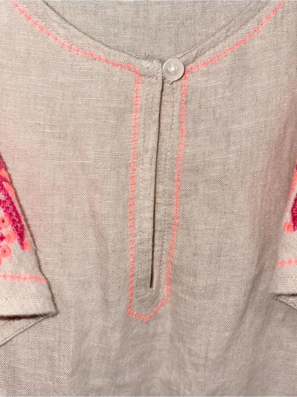J.Crew XS 100% Linen Beige Coral Pink Embroidered Ruffle Sleeve Blouse